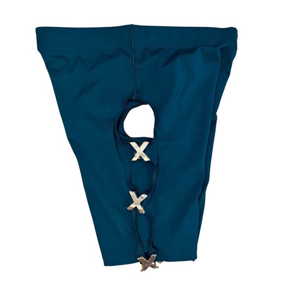 Savage X Fenty Teal Cut Out Bike Shorts with Gold “X” Hardware – Size L - Picture 5 of 6